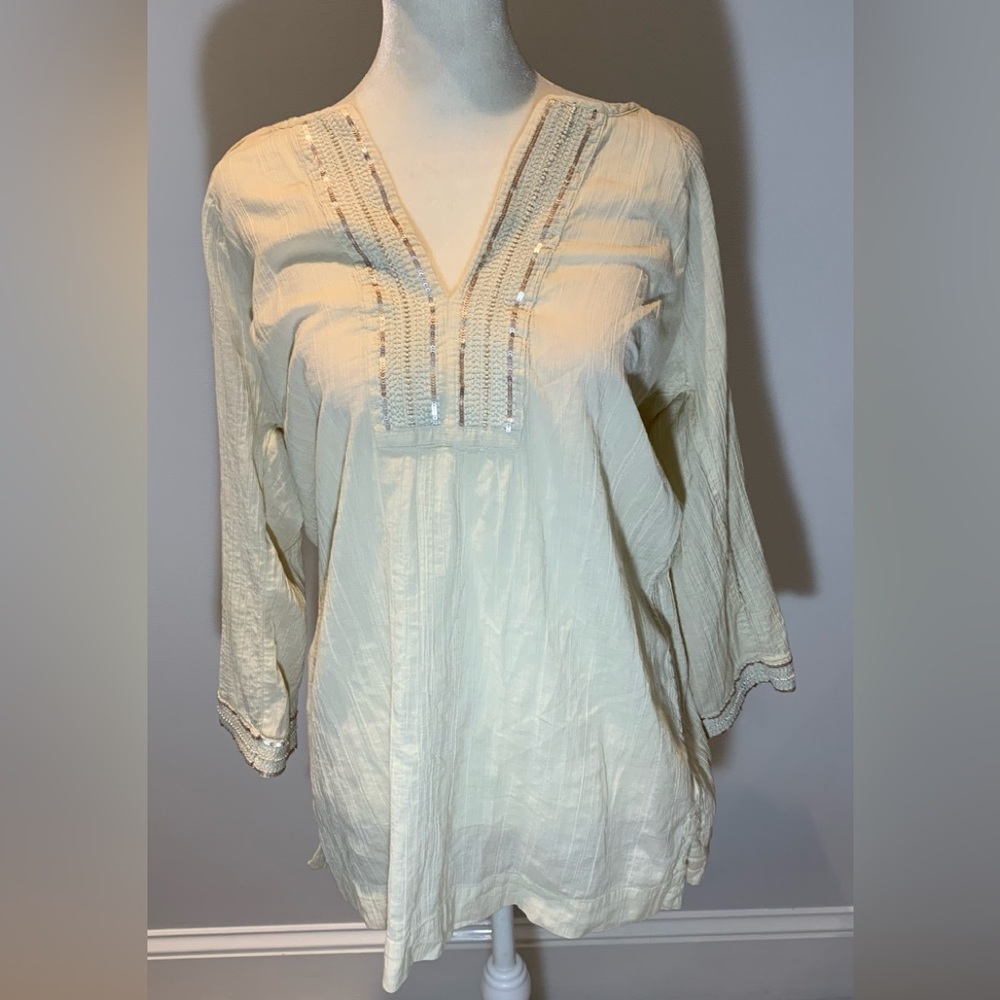 Athleta Womens Mariana Tunic Size S Beige 100% Cotton‎ Drawstring Waist Casual